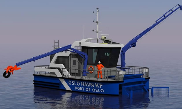 Blue and white all-electric skimmer workboat in harbour.