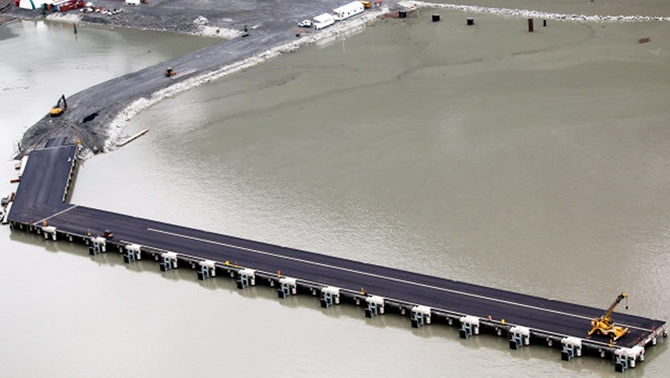 An aerial view of the Stewart World Port, a world-class deep sea port located in Stewart, B.C.