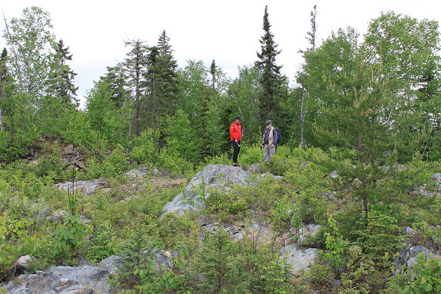 Darin labrenz (L) and Stan Dodd (R) confer in the Treasure Box Zone of the Madsen project in northwestern Ontario.