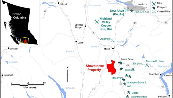Map of the location of the Shovelnose Project in British Columbia.