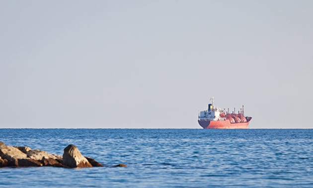 Expanse of ocean, tanker ship in far distance, rocks in foreground.